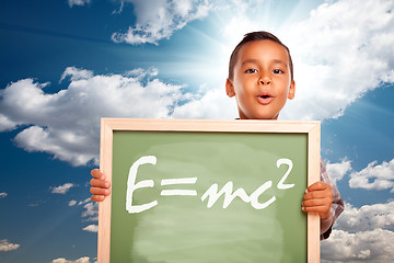 Image showing Proud Hispanic Boy Holding Chalkboard with Theory of Relativity