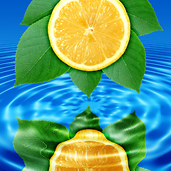 Image showing Reflect lemon-slice and leaf in water
