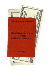 Image showing Soviet communist party membership card with dollar bills isolated