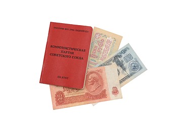 Image showing Soviet communist party membership card with Soviet money inside it isolated
