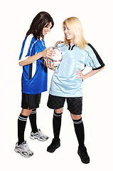 Image showing Two soccer girls with ball.