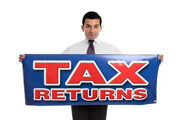 Image showing Man holding tax returns sign