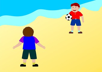 Image showing Kids playing football on the beach
