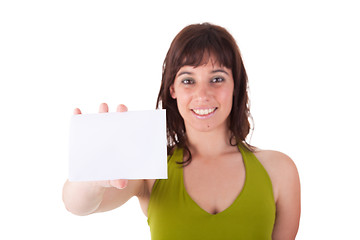 Image showing beautiful woman person with blank business card in hand