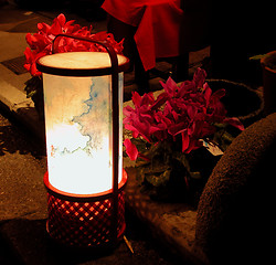 Image showing  A traditional Japanese paper lantern and some flowers in the night