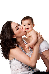 Image showing Mother kissing happy baby on cheek