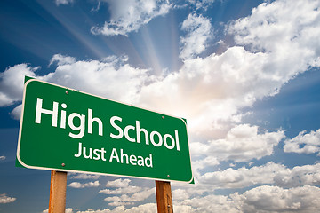 Image showing High School Green Road Sign Over Clouds