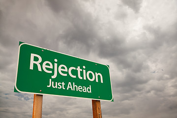 Image showing Rejection Green Road Sign Over Storm Clouds