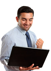 Image showing Business man with laptop computer success, victory