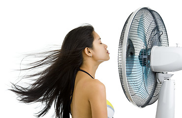 Image showing pretty woman enjoying fan blowing