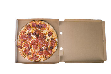 Image showing spicy pizza on carboard box