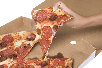 Image showing spicy pizza on carboard box