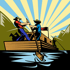 Image showing Cowboy man steering flatboat along river