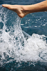 Image showing Foot of young man in water - splash