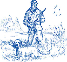 Image showing Hunter and trained pointer gun dog hunting