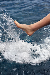 Image showing Foot of young man in water - splash