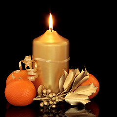 Image showing Christmas Candle, Holly and Fruit