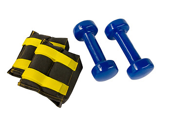 Image showing Blue fitness dumbbells and foot weights with clipping path