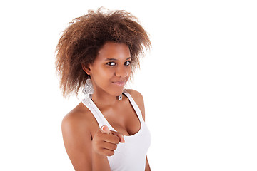 Image showing beautiful young black woman, pointing