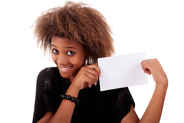 Image showing beautiful black woman person with blank business card in hand