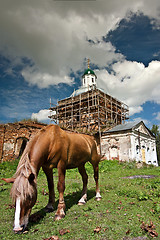 Image showing The horse and old church