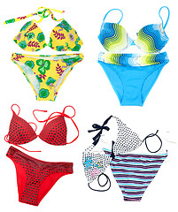 Image showing Collage from feminine varicoloured swimsuit on white background.