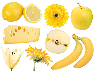 Image showing Set of yellow fruits, food and flowers