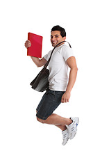 Image showing Excited man student jumping