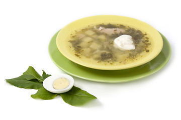 Image showing Green borsch with sour cream