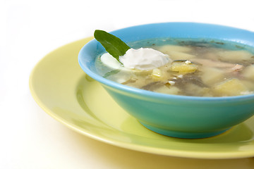 Image showing Green borsch with sour cream