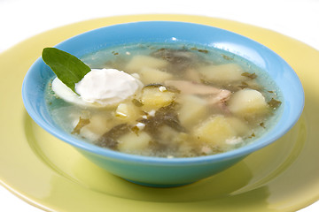 Image showing Green borsch with sour cream