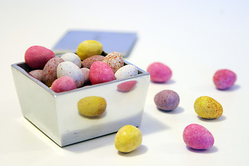 Image showing Mini candy chocolate eggs in a polished silver box