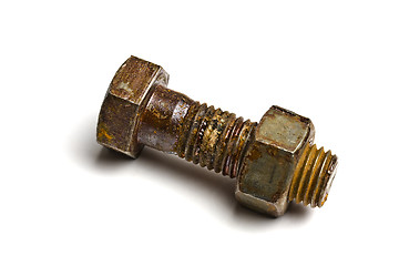 Image showing Rusty bolt with nut isolated on white