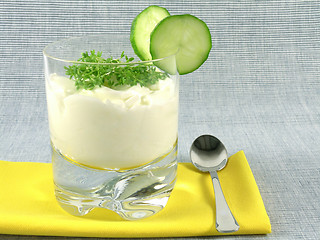 Image showing yogurt with cucumber and watercress