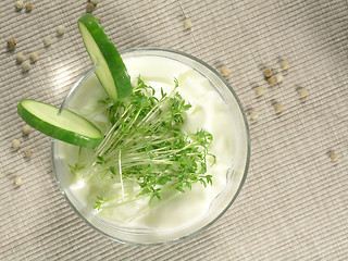Image showing yogurt with cucumber and watercress