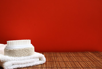 Image showing Pumice brush and towel at a spa - copy space