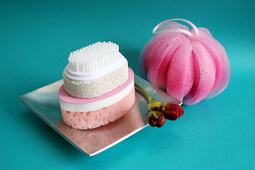 Image showing Pumice brush and sponges at a spa - health and beauty