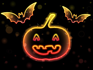 Image showing Halloween Neon Background with Pumpkin and Bats