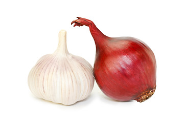 Image showing Purple onion and garlic isolated on white
