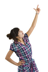 Image showing beautiful woman pointing up at something