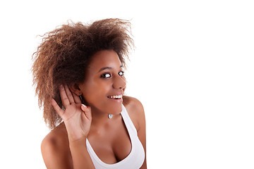 Image showing black woman, listening, viewing the  gesture of hand behind the ear