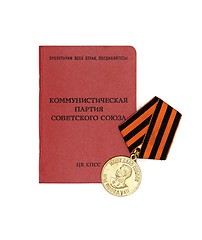 Image showing Soviet communist party membership card and medal isolated