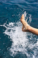 Image showing Foot of young man in water - splash