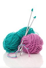 Image showing Blue and pink  knitting wool