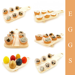 Image showing different eggs in the wooden board