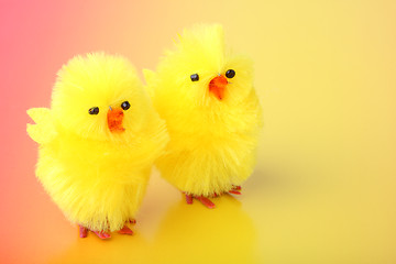 Image showing Easter chickens on color background