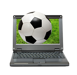 Image showing small laptop with soccer football ball