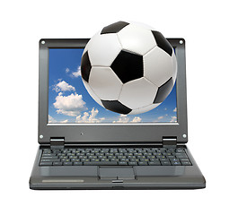 Image showing small laptop with soccer football ball