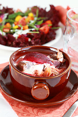 Image showing Red cabbage soup with beetroot (borscht)