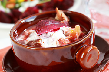 Image showing Red cabbage soup with beetroot (borscht)